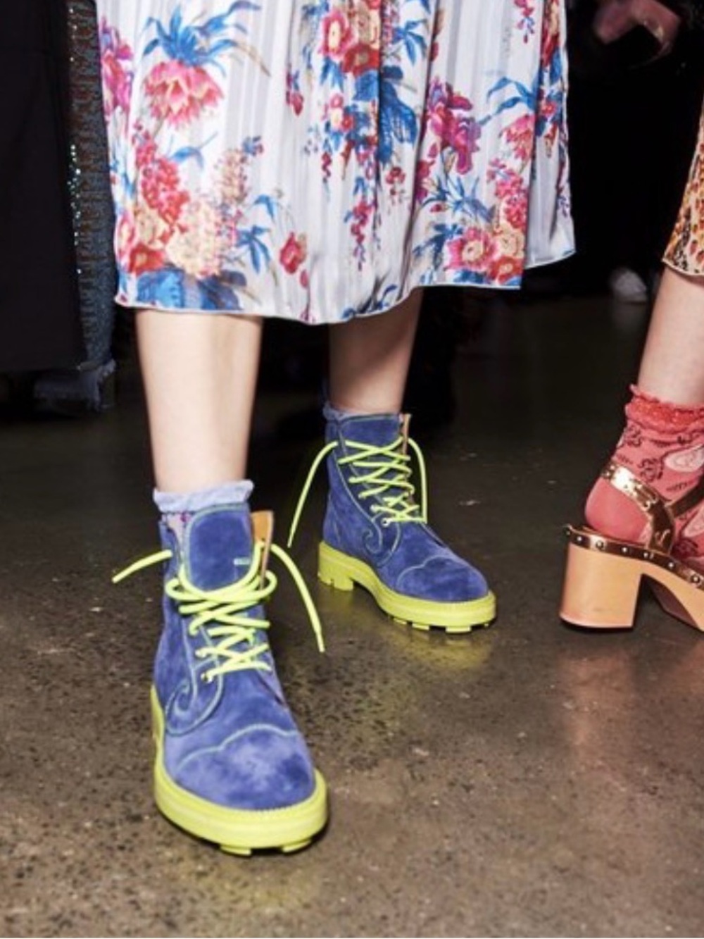 John Fluevog Denim Suede Derby Boot with Neon Yellow Sole